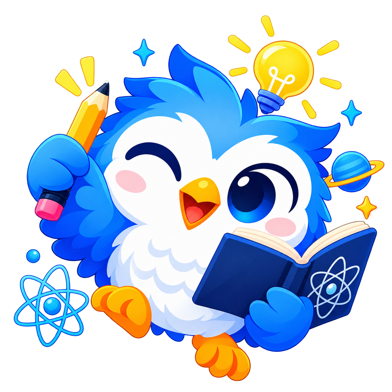Newt, the Pocket Physics owl, winking while holding a pencil and a physics book