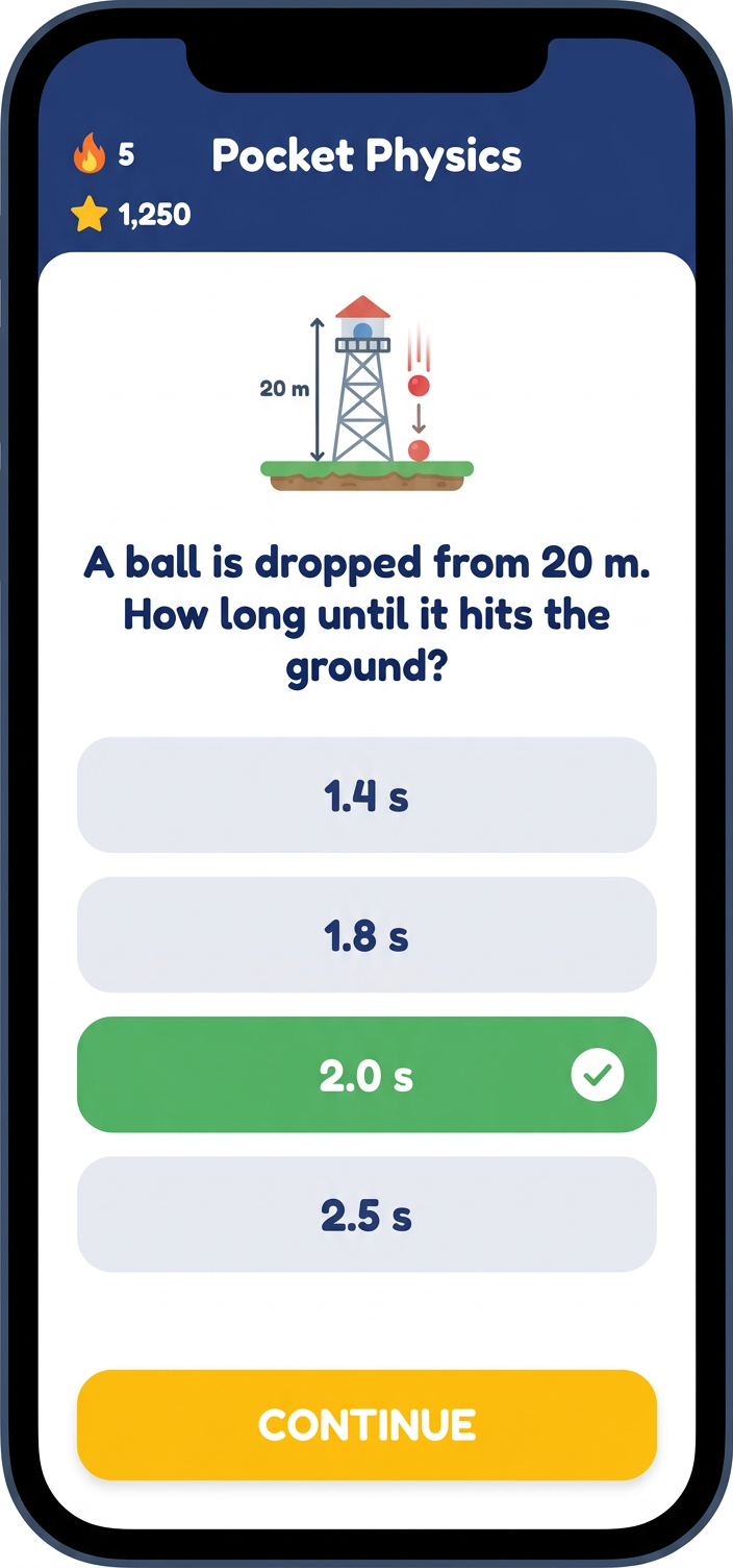 Pocket Physics quiz screen asking how long a ball takes to fall 20 meters